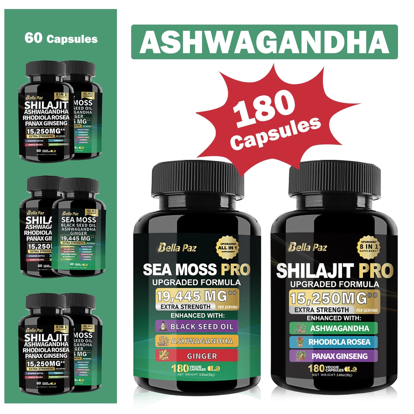 BellaPaz Ashwagandha Bundle: Upgraded Formula-Sea Moss, Shilajit,Black Seed Oil, Ashwagandha,Ginger, Rhodiola,Ginseng-180 Count