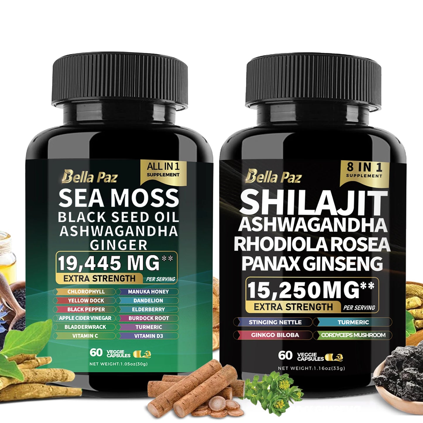 BellaPaz Bundle: Sea Moss 7000mg, Black Seed Oil 4000mg, Ashwagandha 2000mg, Ginger, Shilajit 9000mg, Ginseng 1500mg (2 Bottles)