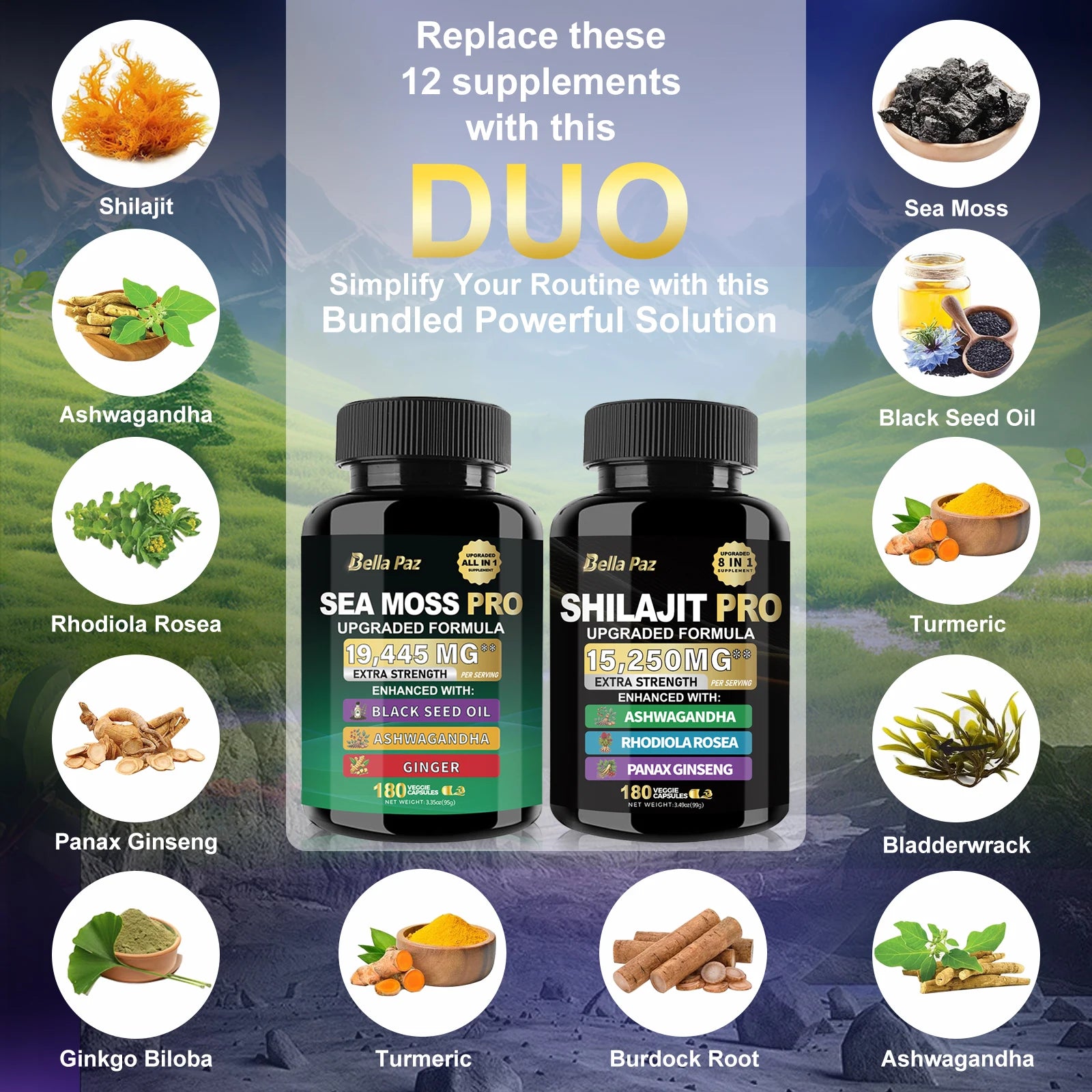 BellaPaz Ashwagandha Bundle: Upgraded Formula-Sea Moss, Shilajit,Black Seed Oil, Ashwagandha,Ginger, Rhodiola,Ginseng-180 Count