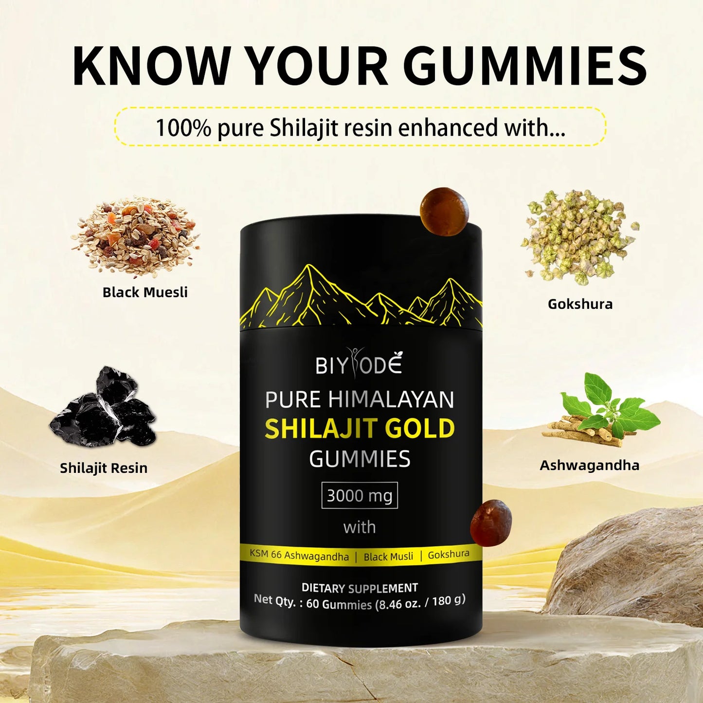 BIYODE Himalayan Shilajit Resin Gummies Energy Boost Help With Muscle Recovery Reduce Fatigue 85+Trace Minerals Supplement