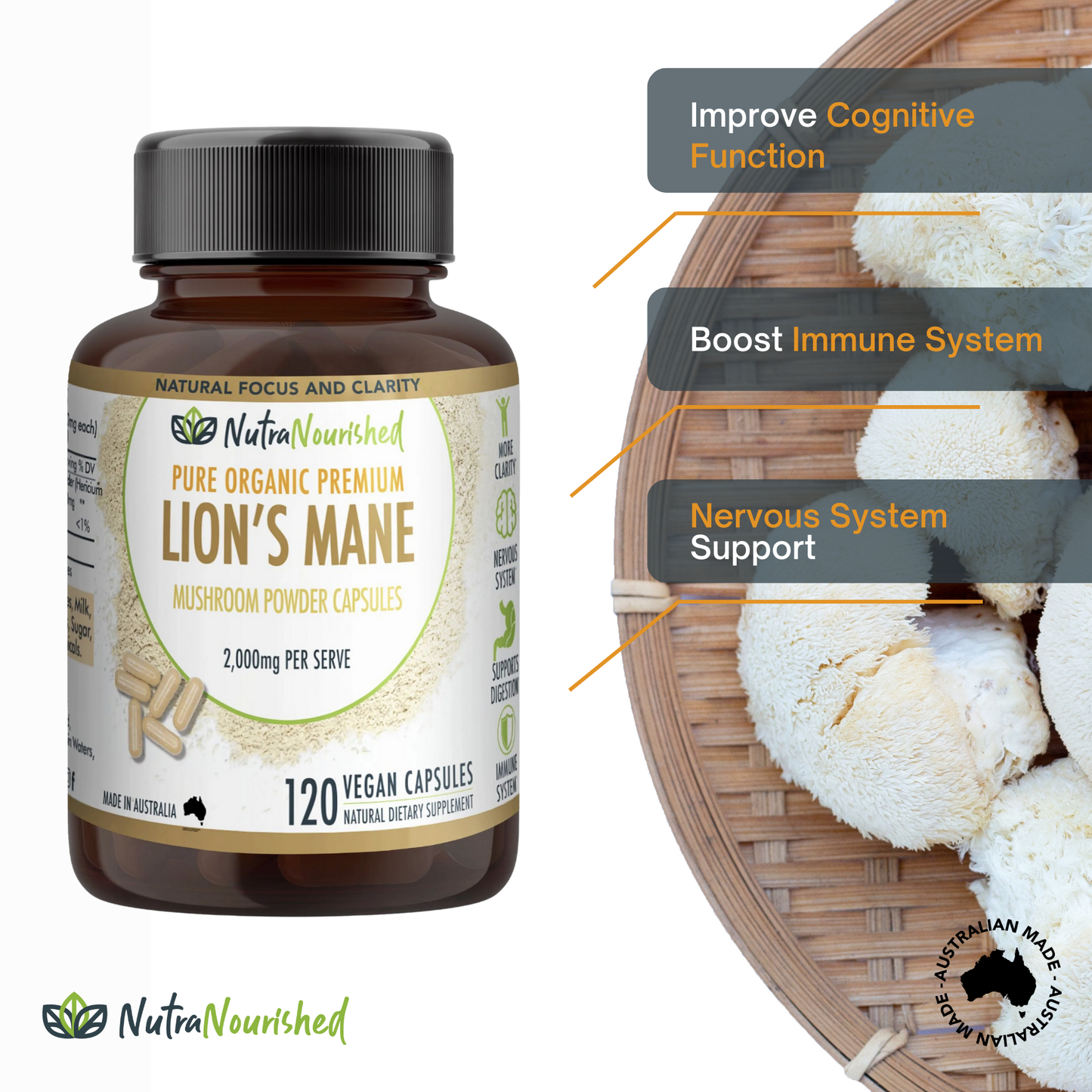 Lion's Mane Mushroom Hericium erinaceus (2,000mg) 120 Vegan Capsules